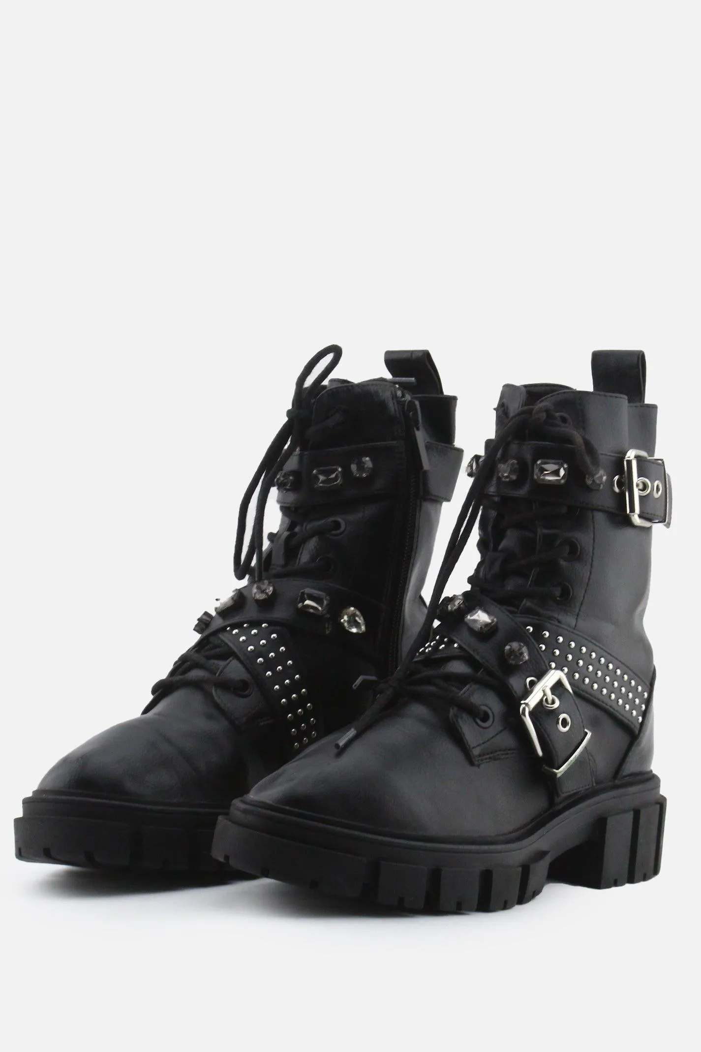 Stradivarius Zipper Laces Buckle Straps Combat Ankle Boots | 100% Authentic Leather